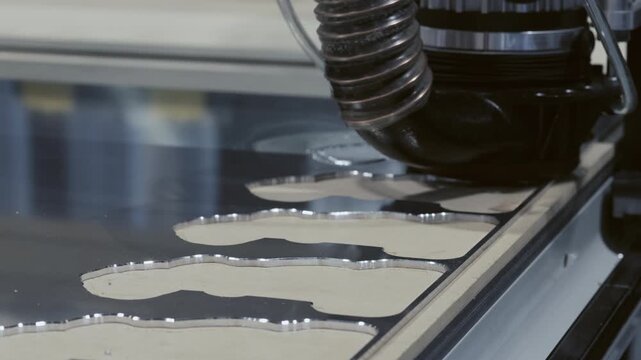 Precise laser cutter engraves steel sheet making detail in production workshop closeup. Modern equipment cuts out metal elements at industrial exhibition