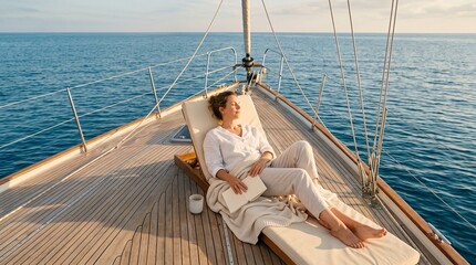 Fototapeta premium Traveler unwinds on a yacht foredeck above blue water