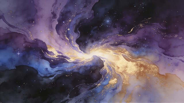 Abstract watercolor painting depicting the creation of the universe. Swirling cosmic nebula with golden stardust representing the divine beginning described in the book of Genesis.