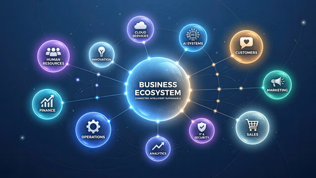 Visual representation of business ecosystem with key components and interconnections for strategic planning