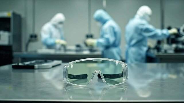 Laboratory Safety Goggles On Table With Scientists In Protective Gear Conducting Research In A Clean Environment