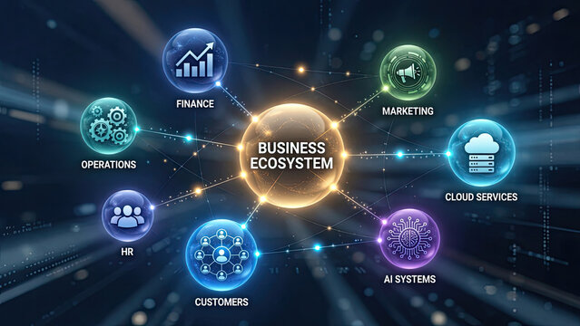 Visual representation of a business ecosystem with key components and interconnections in a digital environment