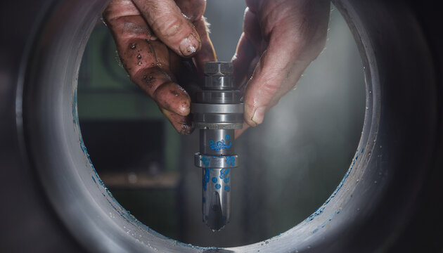 Skilled mechanic working on heavy machinery in an industrial setting, focusing on precision engineering and repair work within the heavy industry sector