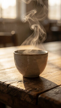 Nahaufnahme einer dampfenden Kaffeetasse auf einem Holztisch im warmen Morgenlicht. Das Motiv vermittelt Gem&uuml;tlichkeit, Ruhe und den perfekten Start in den Tag.
