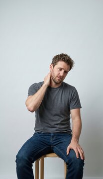 Adult man sitting on stool holding neck in discomfort