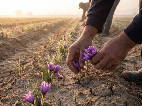 Hands Harvesting Purple Saffron Flowers at Sunrise