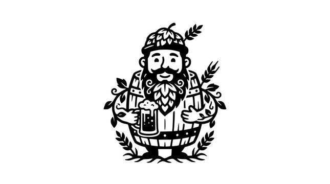 Bearded dwarf character holding beer mug and barrel icon.