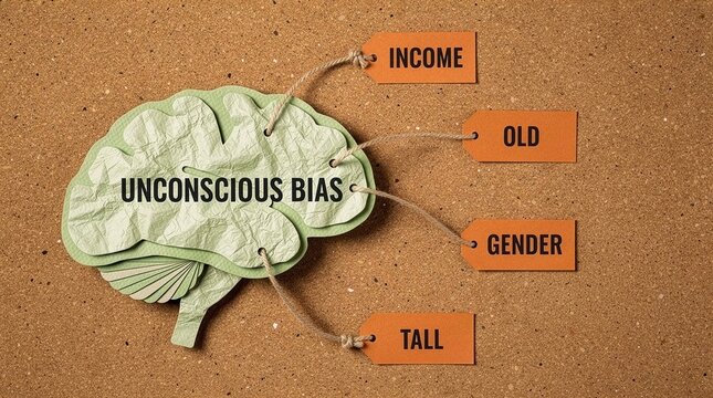 Unconscious bias concept written on a paper human brain shape on corkboard, connected with strings to orange tags like income, old, gender, and tall social stereotypes.