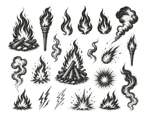 Vintage hand drawn fire and flame vector set, engraved bonfire and torch icons, black and white woodcut smoke and explosion elements © TXPHIC