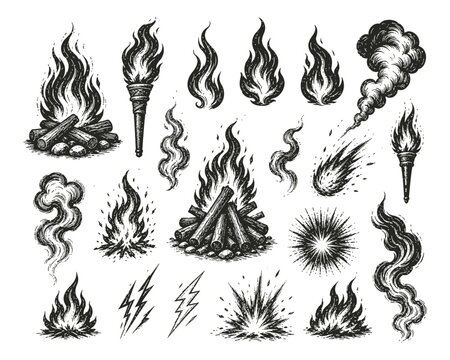 Vintage hand drawn fire and flame vector set, engraved bonfire and torch icons, black and white woodcut smoke and explosion elements