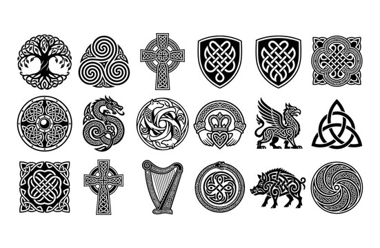 Celtic knot symbols and Irish heritage icons set, 18 black vector illustrations including tree of life, dragon, cross, and harp for tattoo design