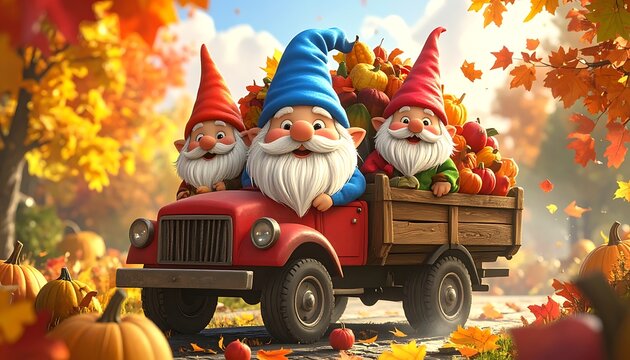 Three cute gnomes in a red truck overflowing with pumpkins and autumn leaves, celebrating fall harvest season