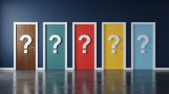 A person faces multiple paths and decisions with five colored doors featuring question marks.