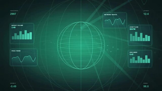 Futuristic HUD Dashboard Interface with Wireframe Globe and Financial Data Visualization Charts