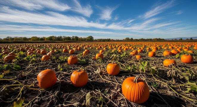 Pumpkin patch field in autumn. Ripe orange pumpkins growing on a farm during harvest season.