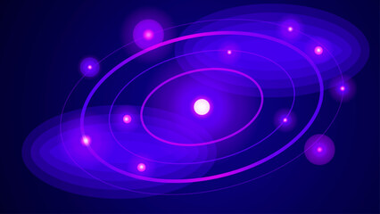 Futuristic purple galaxy background with glowing orbital rings, cosmic space nebula with neon stars, abstract scientific universe vector illustration © TXPHIC