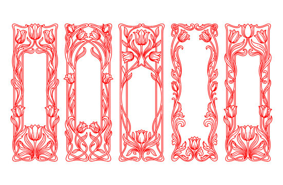 Art Nouveau floral frames set, red vintage tulip borders vector, elegant organic line art decorative panels for wedding invitations and stationery