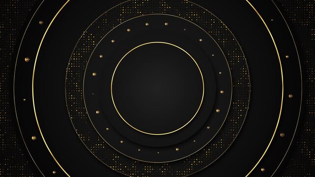 Layered black concentric circles with fine gold borders, dot textures, and floating metallic beads create a premium radial design. Perfect for logo reveals, award titles, luxury branding, and openers.