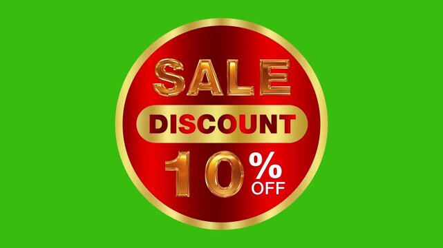 Premium 3D gold red metallic sale discount 10 percent off circular promotion tag animation on green screen background 4k video