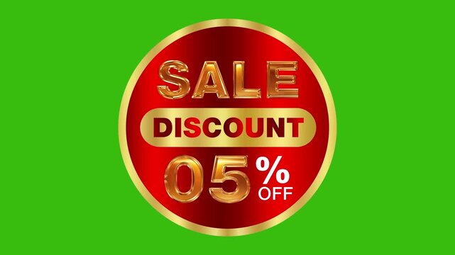 Shiny 3D golden sale discount 05 percent off circular badge icon animation overlay isolated on green screen key 4k video