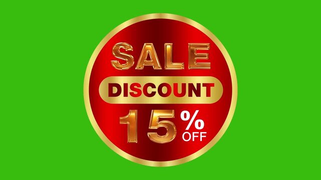 Glossy red and gold round sale discount 15 percent off promotional emblem element motion overlay on chroma key green screen 4k video