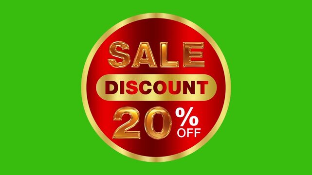 Metallic 3D gold text sale discount 20 percent off circular marketing label animation isolated on green screen background 4k video
