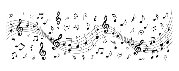 Abstract artistic musical background featuring handdrawn music notes and wavy staff lines on an isolated white background for creative design projects © Kumot Roy