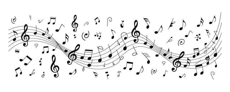 Abstract artistic musical background featuring handdrawn music notes and wavy staff lines on an isolated white background for creative design projects