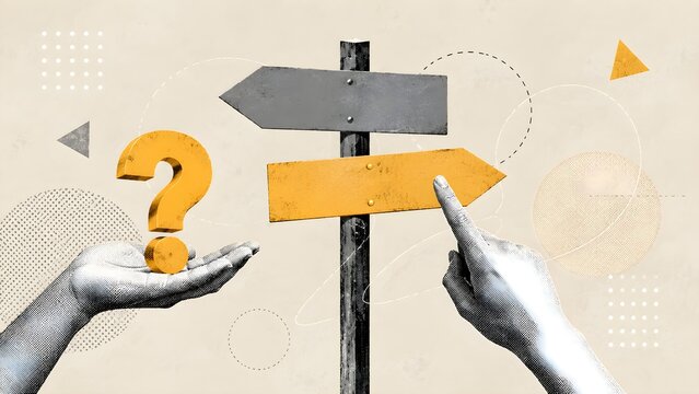 Conceptual illustration showing a hand holding a yellow question mark while another hand points toward a blank directional road sign post