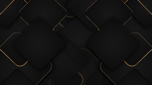 Overlapping black rounded squares with subtle shadows and fine gold edges create a refined geometric background. Perfect for corporate titles, luxury branding, logo reveals, presentations, and motion.