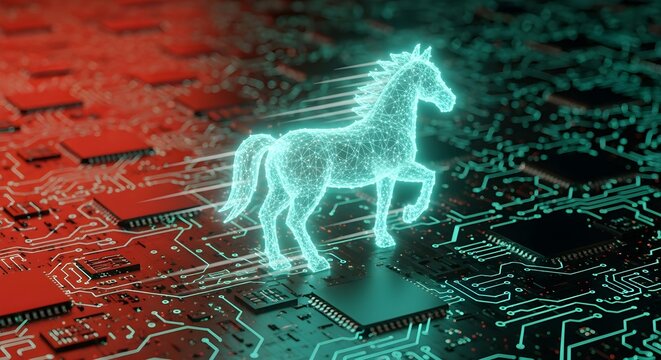 Digital Trojan Horse cybersecurity concept featuring a glowing neon equine silhouette moving across a high speed futuristic computer circuit board processor