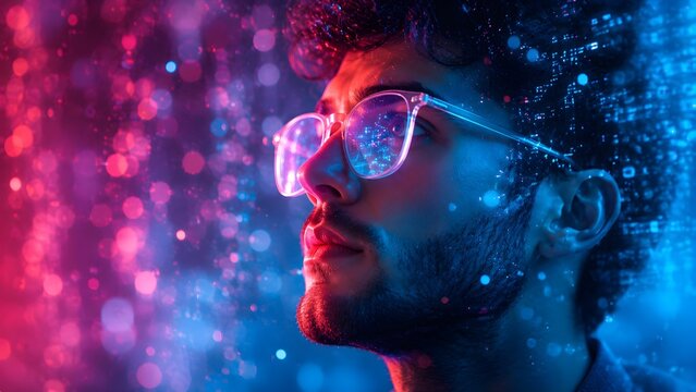 Conceptual portrait of a contemplative young man wearing glasses illuminated by vibrant neon digital particles and futuristic light