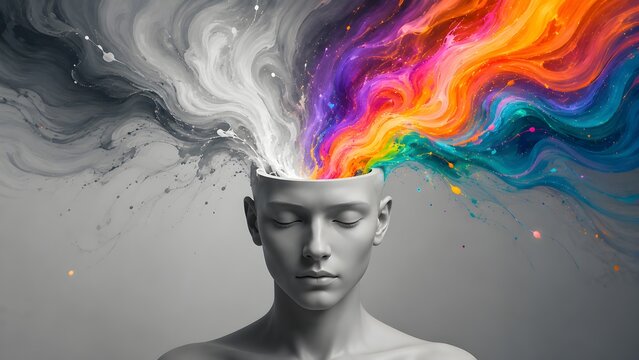 Conceptual illustration of a human head with vibrant rainbow colors exploding from the mind representing creativity and imagination