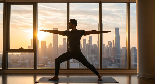Athletic male performing yoga warrior pose inside modern apartment studio overlooking urban city skyline during golden hour sunset light