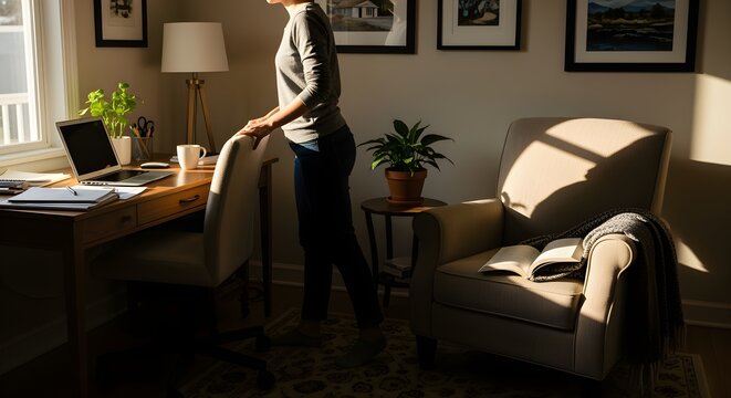A woman standing by a sunlit wooden desk in a cozy home office setup with comfortable seating and indoor plants for quiet productivity