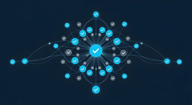 A sophisticated digital visualization representing centralized network connectivity with interconnected nodes and verified status markers for data flow