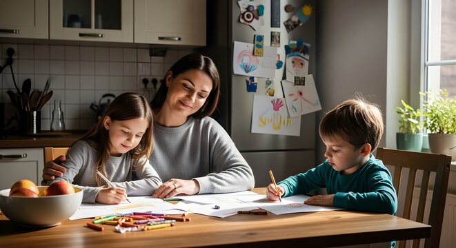 Caring mother sitting at the kitchen table helping her young daughter and son with creative drawing activities and school homework