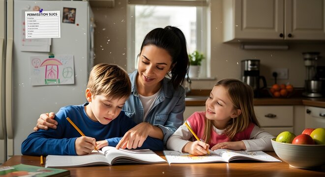 A caring mother helps her two young children with their school homework at the kitchen table in a warm and supportive home atmosphere