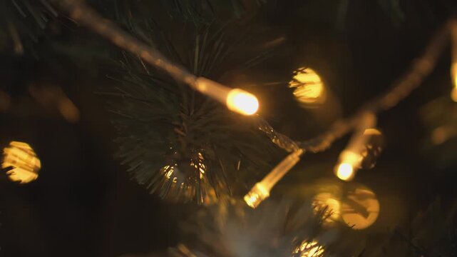 Close up of twinkling string lights on a Christmas tree branch, radiating warmth and seasonal cheer. The blurred background enhances the enchanting winter holiday mood