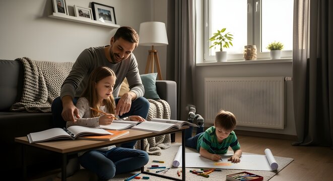 A Caring Father Helping His Young Daughter With School Homework While Their Small Son Draws Pictures On The Living Room Floor Rug