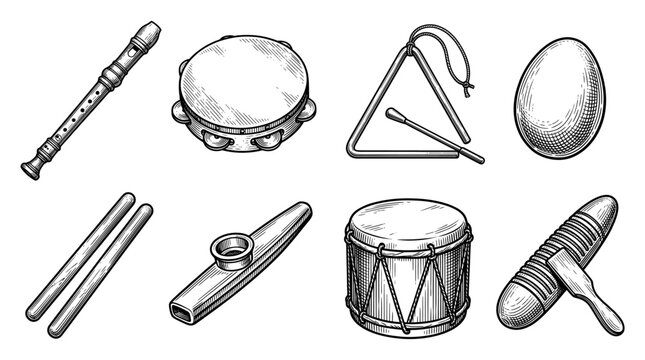 Set of vintage engraving musical instruments like drum and flute isolated on white