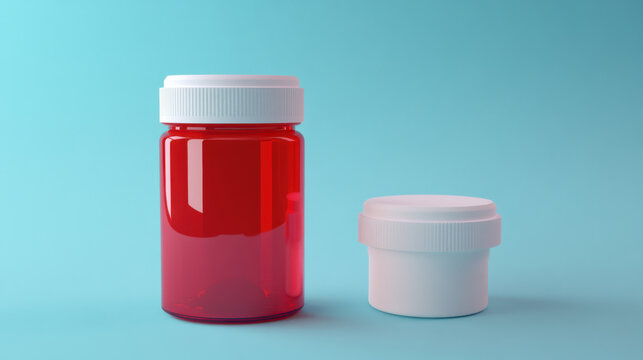 Red plastic container with a white cap sits next to its detached lid on a light blue background.