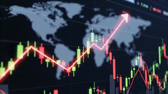 Candlestick trading chart with world map background.