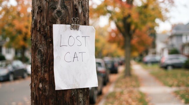 Blank lost flyer with handwritten text on a wooden post in an outdoor city setting.