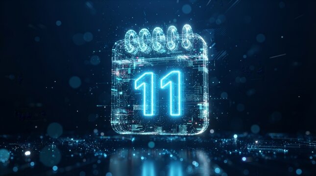 Abstract tech design of a glowing digital calendar with the number eleven on a dark background.