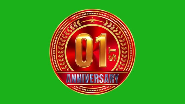 Premium 3D gold and red metallic 01st anniversary celebration emblem badge icon animation isolated on green screen background 4k video