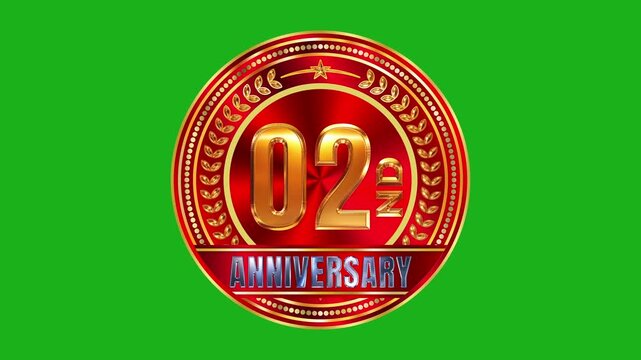 Luxury metallic golden and red 02nd anniversary celebration circular seal badge graphic motion loop on green screen overlay 4k video
