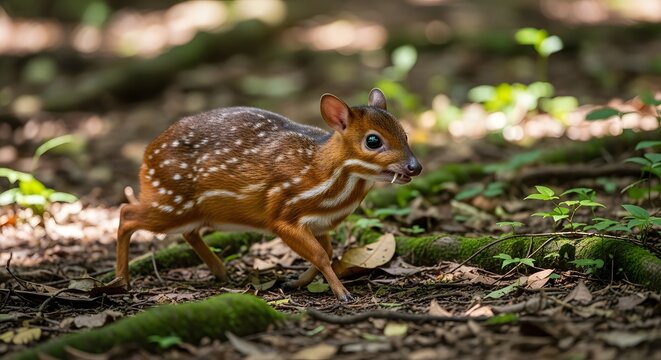 Small mouse deer walking in the forest. Rare chevrotain animal in natural habitat.