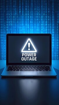 Laptop screen displaying power outage warning message with glowing alert icon. Digital binary code background in blue light. Vertical video with lockdown shot.