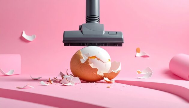 Vacuum cleaner nozzle sucking up broken egg shells